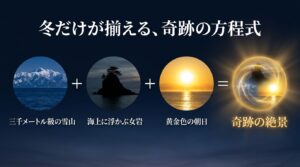 三千メートル級の雪山、海上に浮かぶ女岩、黄金色の朝日が揃うことで生まれる奇跡の絶景の方程式