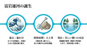 富岩運河の誕生を説明するスライド。過去は暴れ川だった神通川が大雨のたびに氾濫を繰り返し、昭和初期の大工事で川筋を真っ直ぐにし古い川跡から土砂を採掘、現在は美しい憩いの水辺（昭和十年完成）になった歴史をイラスト付きで解説。