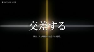 交差するという文字と、駅は人と時間が交差する場所というメッセージ