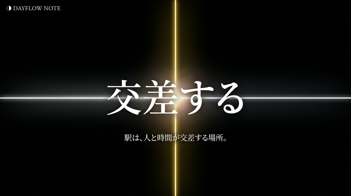 交差するという文字と、駅は人と時間が交差する場所というメッセージ