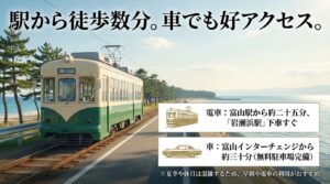 富山駅から電車で約25分の岩瀬浜駅下車すぐ、車は富山ICから約30分で無料駐車場完備と伝えるアクセスマップスライド。