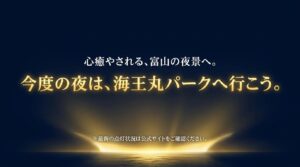 「心癒やされる、富山の夜景へ。今度の夜は、海王丸パークへ行こう。※最新の点灯状況は公式サイトをご確認ください。」と書かれた、旅の誘いと注意を促すまとめスライド。