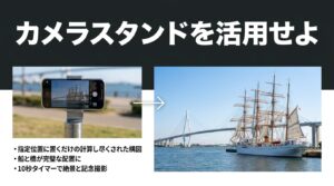 海王丸パーク内のカメラスタンド（TOYAMA BAY SELFIE SPOT）にスマートフォンを設置したイメージ画像と、完璧な配置で記念撮影をするためのコツをまとめたスライド。