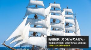 年に数回開催される海王丸の29枚の帆がすべて広がる総帆展帆イベントの魅力と、事前の日程確認の重要性を伝えるスライド。