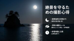 雨晴海岸の月明かり撮影の狙い目（満月の夜）や、深夜撮影時のルール（車のエンジン停止・大声厳禁）、高岡方面への終電時間（22時台終了）への注意など、マナーを守って撮影するための心得をまとめたスライド。