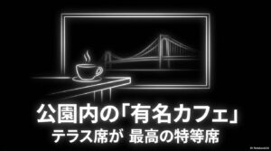 最高の特等席である公園内の有名カフェのテラス席