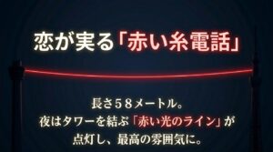 展望塔を結ぶ長さ58メートルの赤い糸電話と、夜間に点灯する赤い光のライン