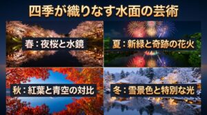 春の夜桜、夏の新緑と花火、秋の紅葉、冬の雪景色と、富岩運河が織りなす四季ごとの水面の芸術を紹介するスライド