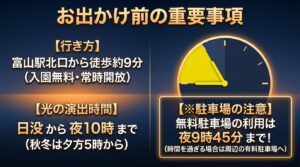 富岩運河環水公園への行き方や光の演出時間、夜間の駐車場利用における注意点をまとめたスライド
