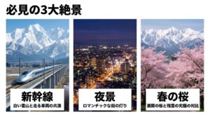 雪化粧をした雄大な立山連峰をバックに高架橋を走り抜ける北陸新幹線の写真と、呉羽山展望台から見える「新幹線」「夜景」「春の桜」の3大絶景を案内するスライド。
