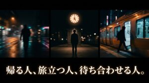 夜の駅にいる人々のシルエットと「帰る人、旅立つ人、待ち合わせる人。