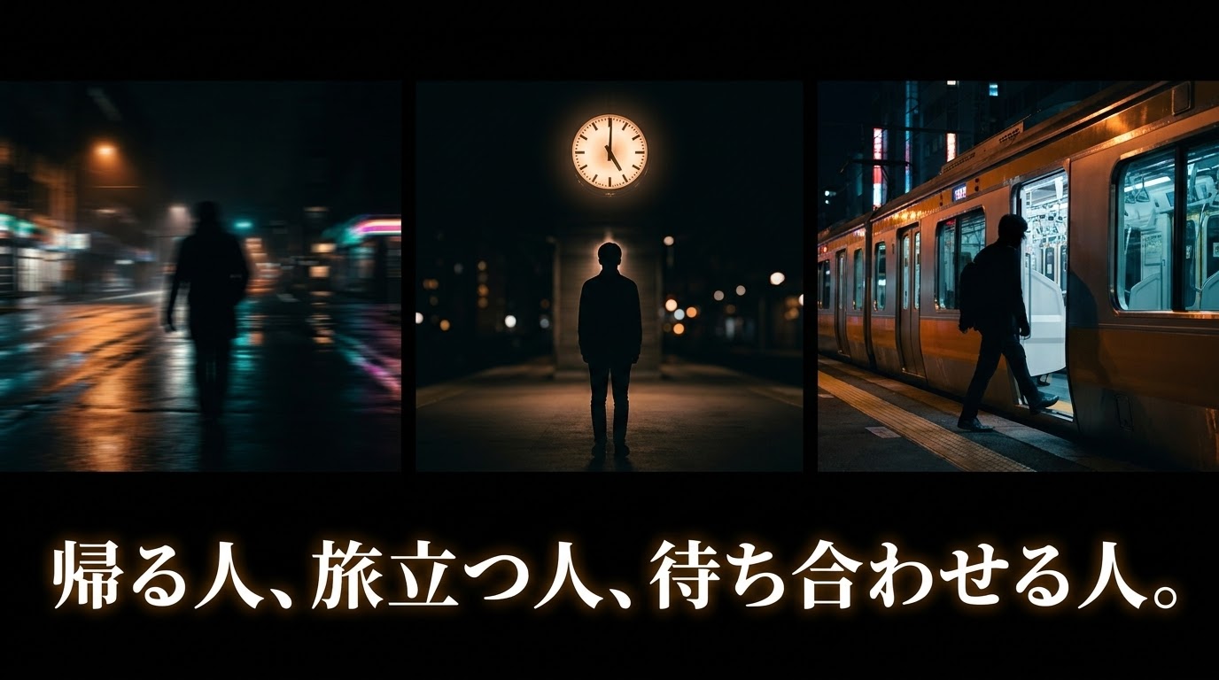 夜の駅にいる人々のシルエットと「帰る人、旅立つ人、待ち合わせる人。