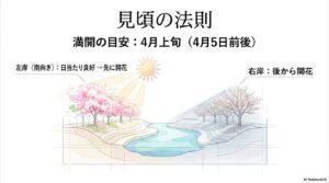 満開の目安(4月5日前後)と、日当たりが良好な左岸が先に開花し、右岸が後から開花する法則の図解