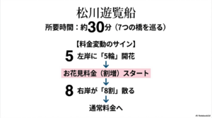 松川遊覧船の所要時間(約30分)と、左岸の5輪開花から右岸の8割散るまでの割増料金期間を示す図解