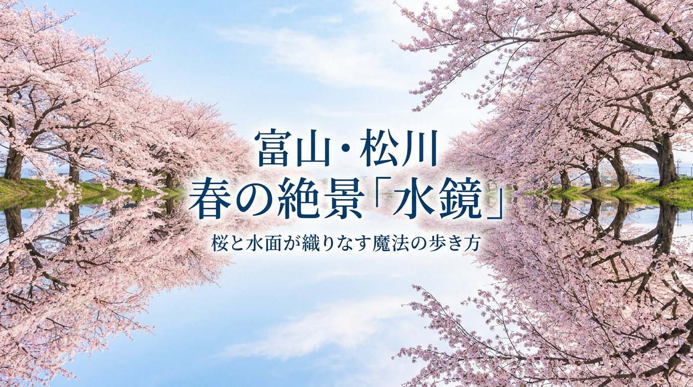 富山の松川で見られる春の絶景、桜と水面が織りなすリフレクションのタイトルスライド