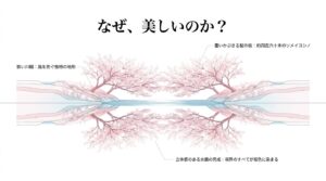 狭い川幅と覆いかぶさる桜の枝が立体感のある水鏡を作り出す、松川の独特な地形の解説図