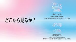 橋の上からのダイナミックな視点と、遊覧船から見上げる迫力ある視点の解説