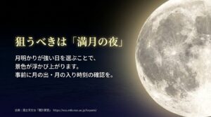月明かりが強い満月の夜を狙うためのポイント。国立天文台の暦計算室を用いた月の出・月の入り時刻の確認方法の案内。