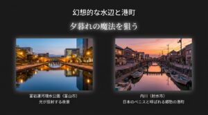 富岩運河環水公園の夜景や、日本のベニスと呼ばれる内川など、幻想的な水辺と港町を紹介するスライド