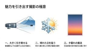 望遠レンズの圧縮効果、澄んだ晴れの日を狙う、マジックアワーの活用など、富山で魅力的な写真を撮影する極意をまとめたスライド