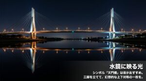 水鏡に映る光。シンボルの天門橋は夜がおすすめ。三脚を立てて幻想的な上下対称のリフレクションを撮影