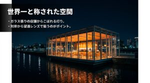 世界一と称された空間。ガラス張りのスターバックスからこぼれる灯りを対岸から望遠レンズで狙う撮影ポイント