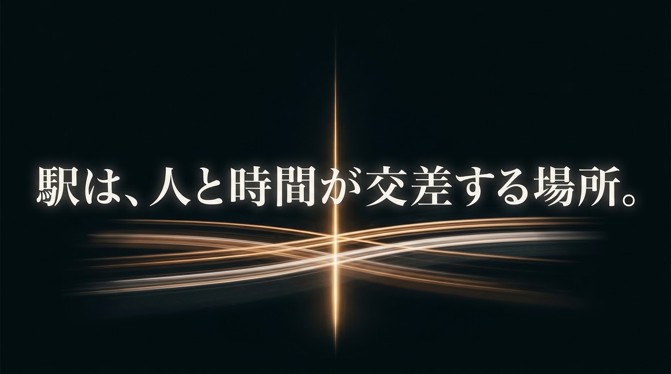 光のラインが交差する背景に「駅は、人と時間が交差する場所。」と書かれたメッセージスライド