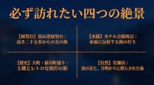 必ず訪れたい四つの絶景:富山港展望台、カナル会館周辺、大町・新川町通り、岩瀬浜。