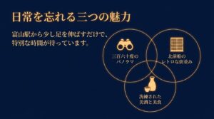 「日常を忘れる三つの魅力」として、ベンディグラム（3つの重なる円）の中に「三百六十度のパノラマ（双眼鏡アイコン）」「北前船のレトロな街並み（格子窓アイコン）」「洗練された美酒と美食（お酒アイコン）」が描かれたスライド。