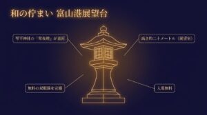 「和の佇まい 富山港展望台」というタイトルのもと、常夜燈のイラストとともに「琴平神社の常夜燈が意匠」「高さ約二十メートル（展望室）」「無料の双眼鏡を完備」「入場無料」という特徴が矢印で解説されているスライド。