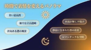 「時間で表情を変えるパノラマ」という見出し。左側に昼の景色（青い富山湾、雄大な立山連峰、活気ある港の風景）、右側に夕景・夜景（水面が輝く夕焼け、静寂に包まれた港の夜景、ロマンチックな空間）の見どころがまとめられたスライド。