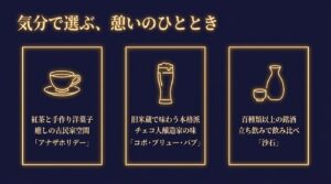 「気分で選ぶ、憩いのひととき」という見出しとコーヒーカップのイラスト。アナザホリデー（紅茶と手作り洋菓子）、コボ・ブリュー・パブ（チェコ人醸造家の味）、沙石（百種類以上の銘酒）の3店舗の特徴がまとめられたスライド。