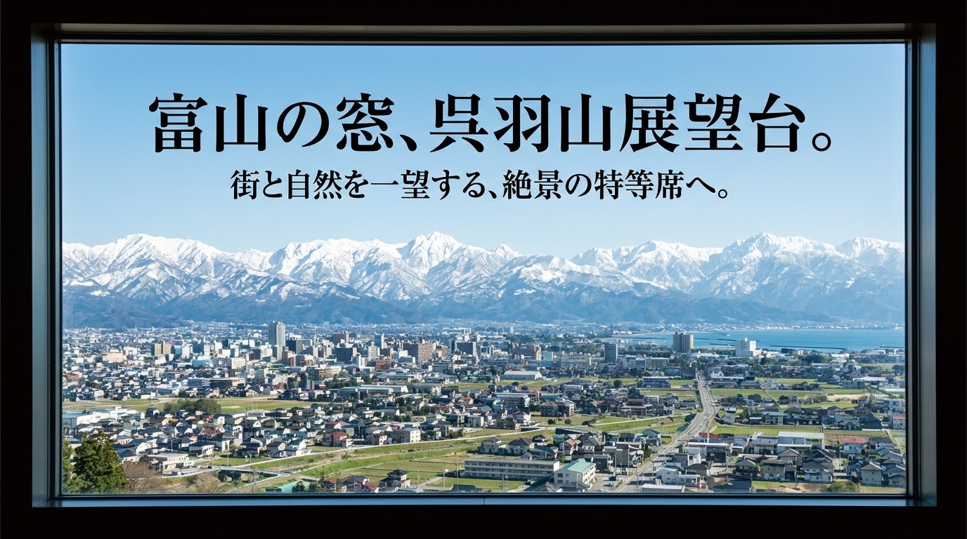 「富山の窓、呉羽山展望台。街と自然を一望する、絶景の特等席へ。」というキャッチコピーと、展望台の屋根をモチーフにした白いアイコンが描かれたネイビー背景のスライド。