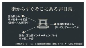 富山駅から車で10〜15分、無料駐車場から徒歩1〜2分、富山・富山西ICから車で20分などのアクセス情報に加え、標高約70m、24時間無料開放などの基本情報が記載されたスライド。