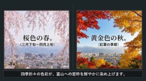 「桜色の春。（三月下旬〜四月上旬）」という文字が中央に配置され、満開の桜越しに富山市街地を見下ろす美しい春の風景写真のスライド。