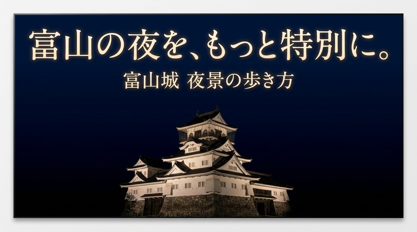 富山城の夜景を満喫するためのライトアップ情報や撮影スポットの概要スライド
