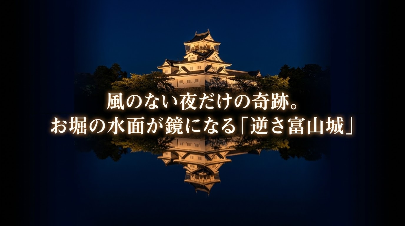 無風の夜にお堀の水面に鏡のようにくっきりと映し出される美しい逆さ富山城のスライド