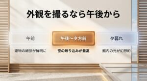 外観を撮るなら空の映り込みが最高になる午後から夕方前がおすすめであることと、午前中や夕暮れ時の特徴を比較したスライド