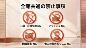 三脚・自撮り棒、フラッシュ、動画撮影、他人の顔の写り込みなど、全館共通の禁止事項をまとめたスライド