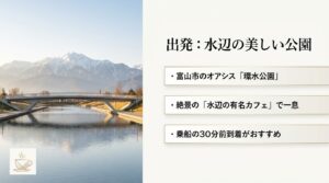 富山市のオアシス「環水公園」と絶景の水辺カフェの紹介。乗船の30分前到着がおすすめ