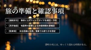 旅の準備と確認事項。運航状況や見学施設の事前確認、休日の駐車場混雑への注意