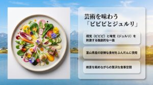 富山県産の新鮮な食材を使用し、視覚と味覚を刺激する独創的な一皿