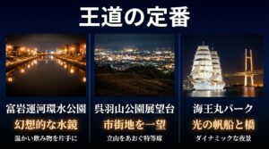 富岩運河環水公園の幻想的な水鏡と、呉羽山公園展望台から市街地を一望する特等席の魅力を解説したスライド。