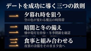 夕暮れ時を狙う、暗闇と冬の備え、食事と組み合わせるという、デート成功のための3つの約束事を提示したスライド。
