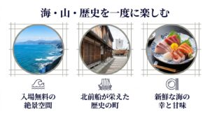 富山港展望台の絶景と、岩瀬エリアの歴史的な町並みや新鮮な海の幸を紹介する概要スライド
