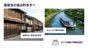 富山港展望台の後に楽しめる、岩瀬の古い町並み見学、カナル会館での特産品選び、水上バスでの運河クルーズを紹介するスライド
