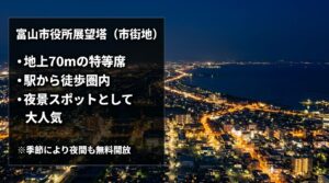 地上70メートルの特等席で、駅から徒歩圏内の夜景スポットとして大人気の富山市役所展望塔を解説したスライド