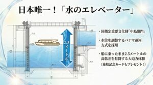 パナマ運河方式で2.5メートルの水位を調整する中島閘門の水のエレベーター図解