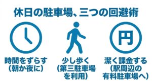 お出かけ前の注意点をまとめたスライド。休日は無料駐車場がすぐに満車になるため公共交通機関や有料駐車場の利用を推奨すること、クルーズ船は非常に人気なため事前予約が必須なこと、十二月〜三月中旬の冬の間は船が運休になることをイラスト付きで記載。