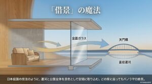 全面ガラス張りの店内から天門橋と富岩運河を望み、公園全体を景色として空間に取り込む借景の魔法を解説した図解